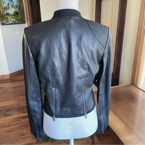 Diane Von Furstenberg DVF Black Leather Moto Lady Jacket Zip Front Round Collar - Picture 3 of 14
